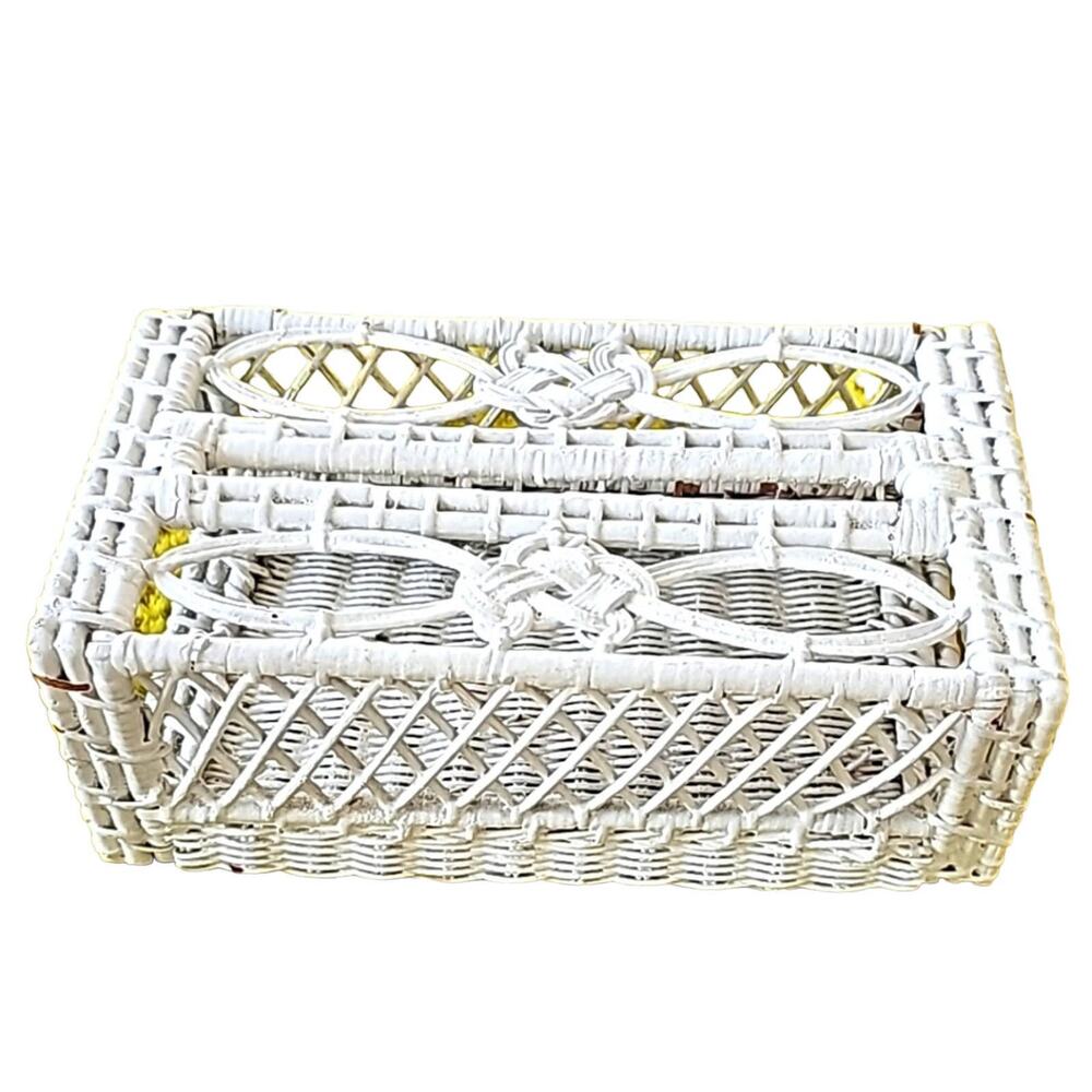 Vintage Rattan Wicker White Tissue Box Holder Home Decor Coastal 10" x 6" x 4"